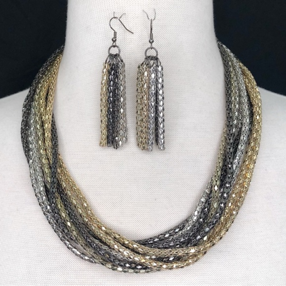 Tri-tone Layered Tube Chain Statement Necklace Earrings Set